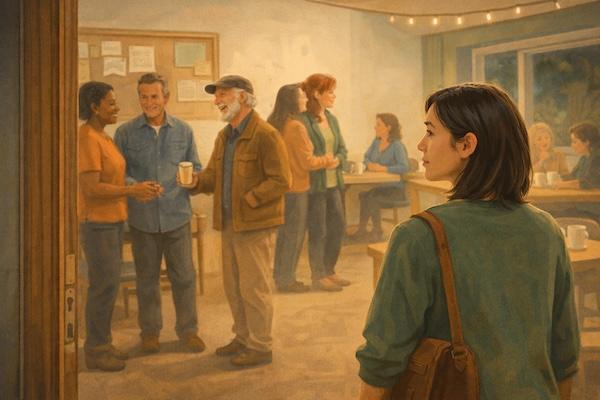 A new attendee arrives at a community gathering