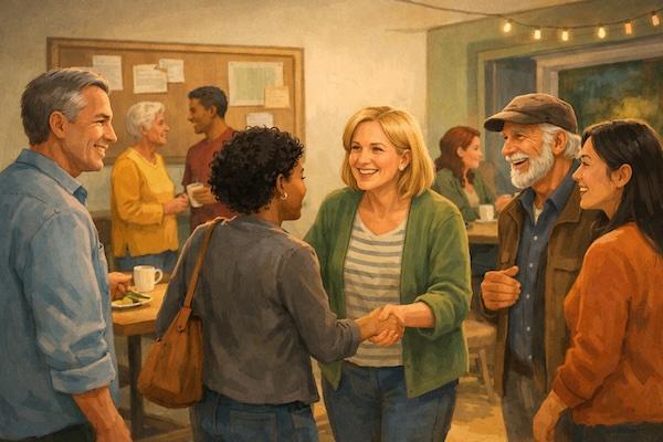 illustrated image of people greeting each other at a gathering