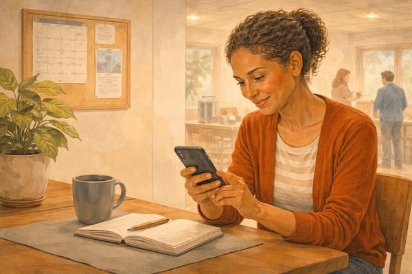 A club member calmly reviews a few messages on her phone in a community space.