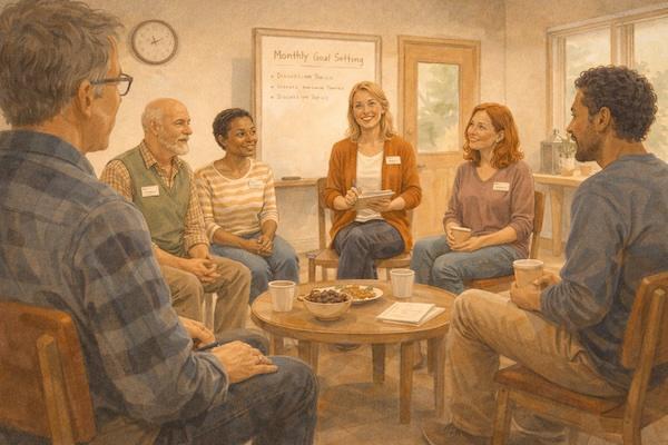 A small group sits in a circle at a well-organized community event.