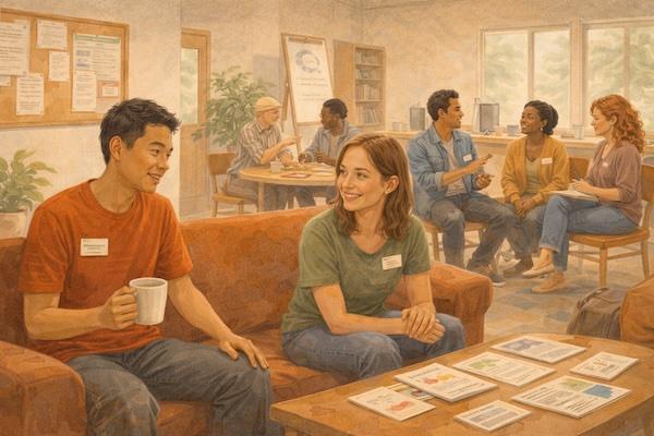 Younger members sit in the foreground as others participate in different group activities.