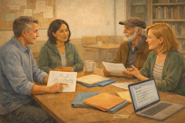 Club leaders sit around a table reviewing simple documents and discussing organizational options.