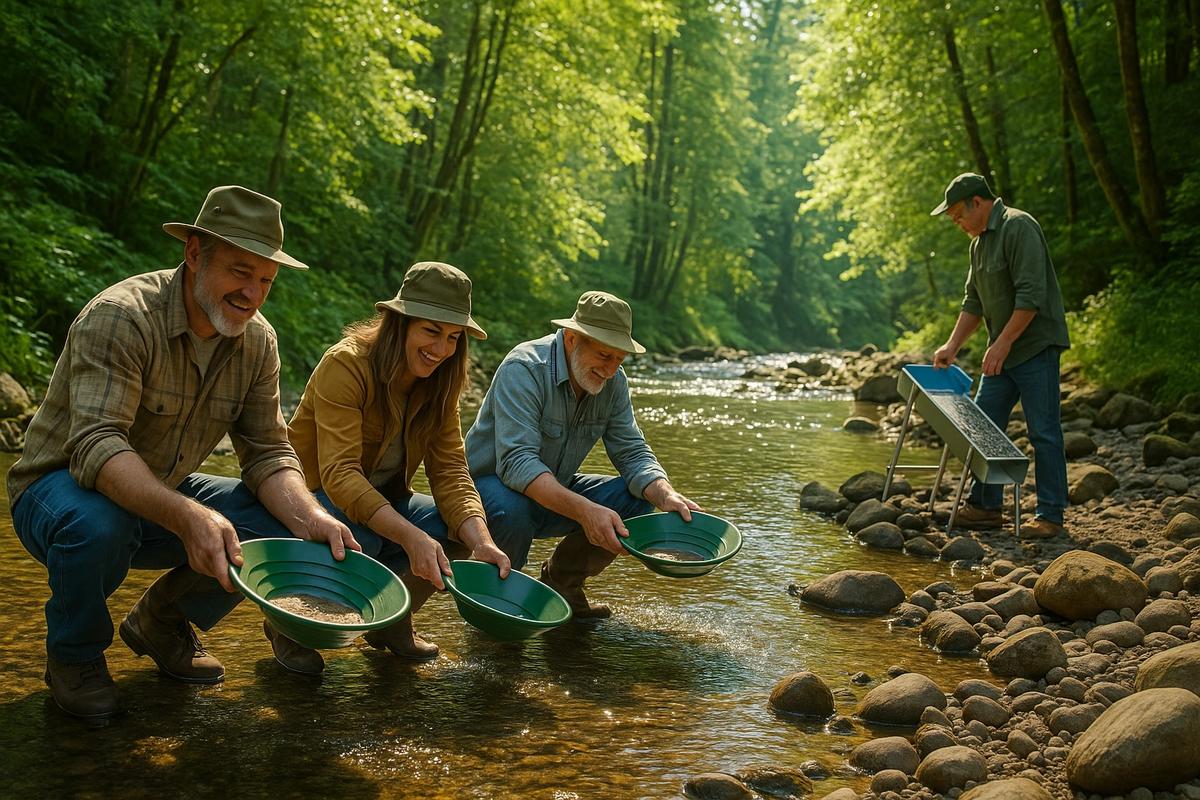 A group of gold prospectors standing by a forest stream with sluice boxes and pans, smiling as they work together under the trees.