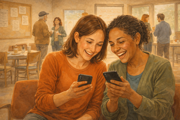 Two friends at a club gathering share a joyful reaction while viewing their phones.
