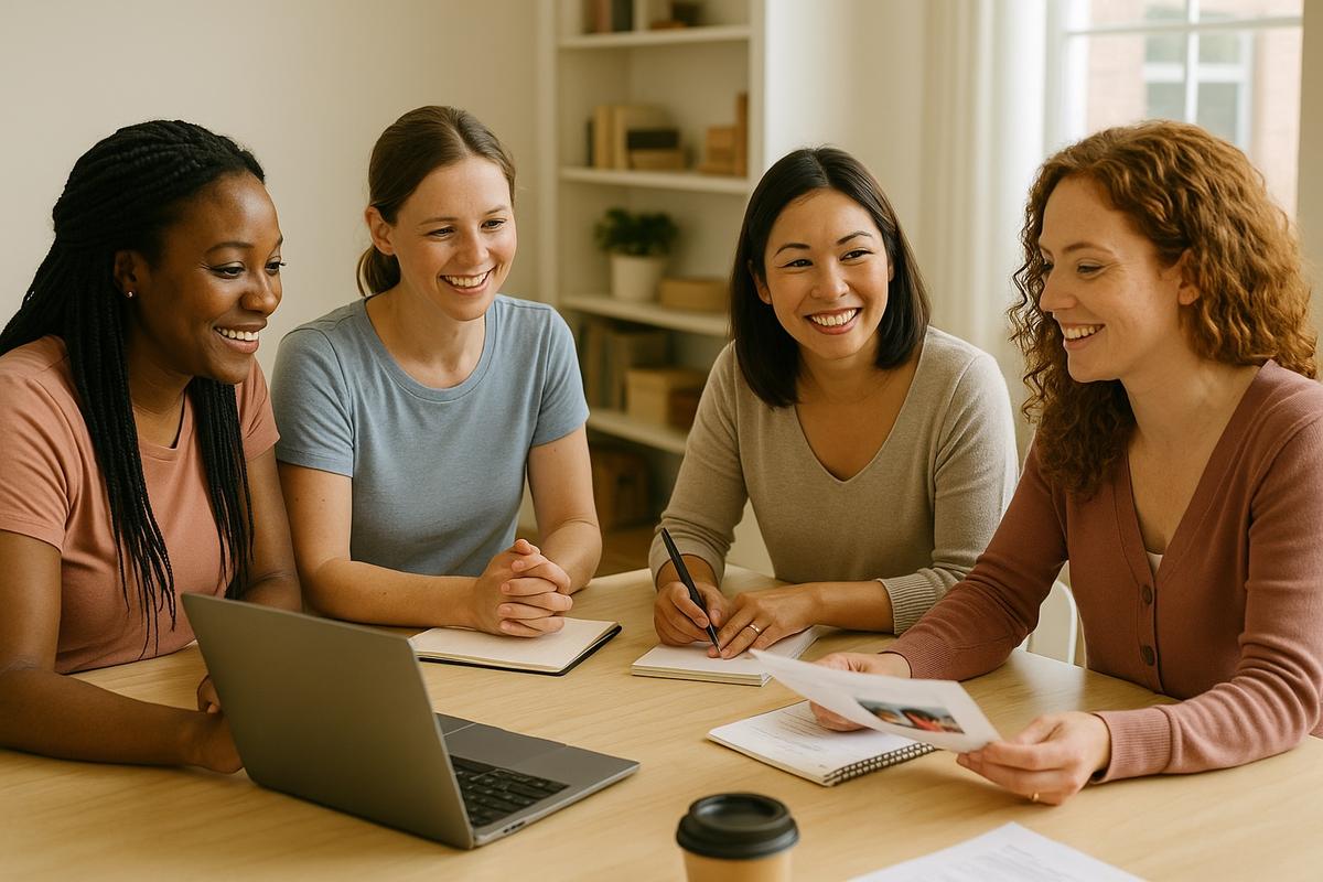 Four moms club leaders sitting together around a table with a laptop and notebooks, smiling and planning events in a bright, modern community room.