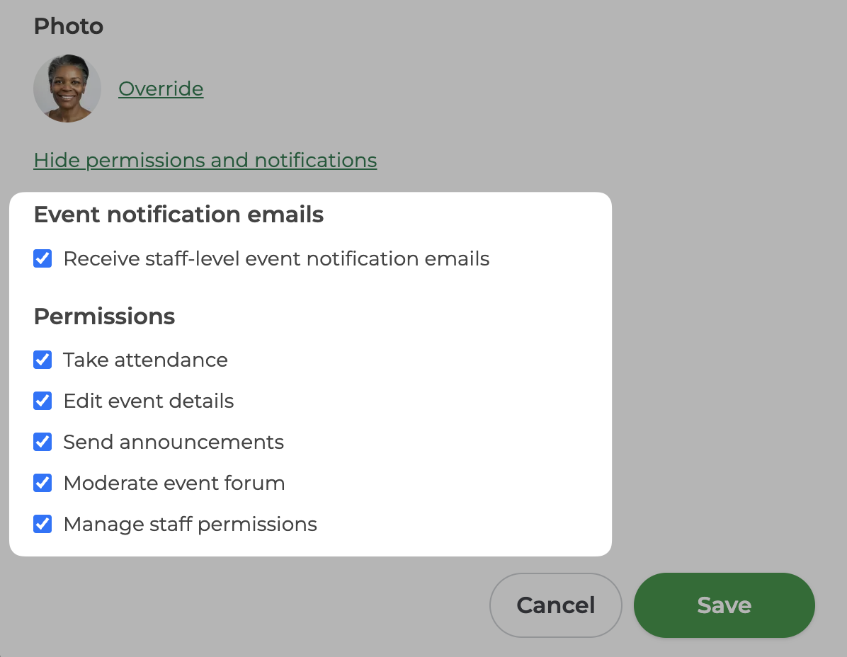 The per-staff panel, showing the event notification toggle and the five individual permissions
