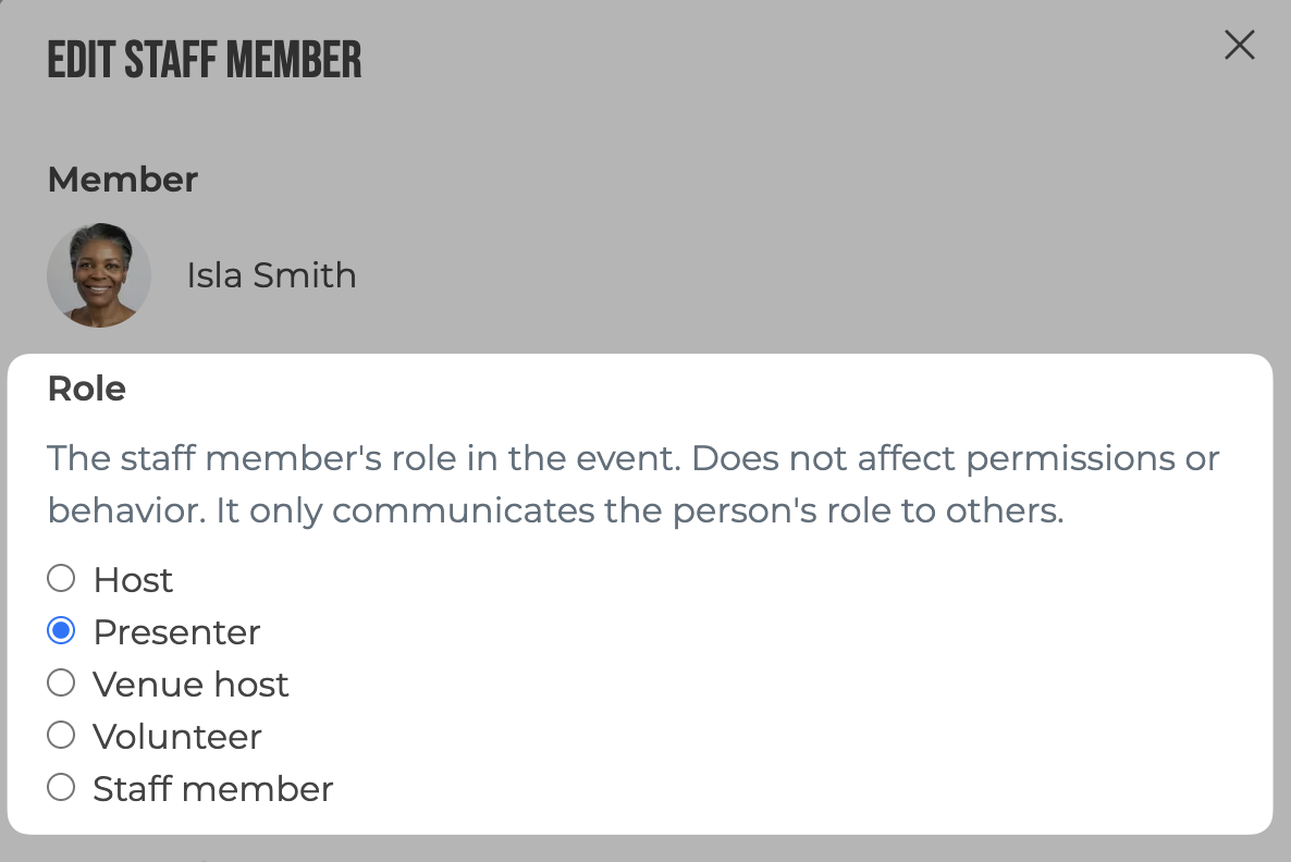 The staff member editor, showing the choice of Host, Presenter, Venue host, Volunteer, or Staff member