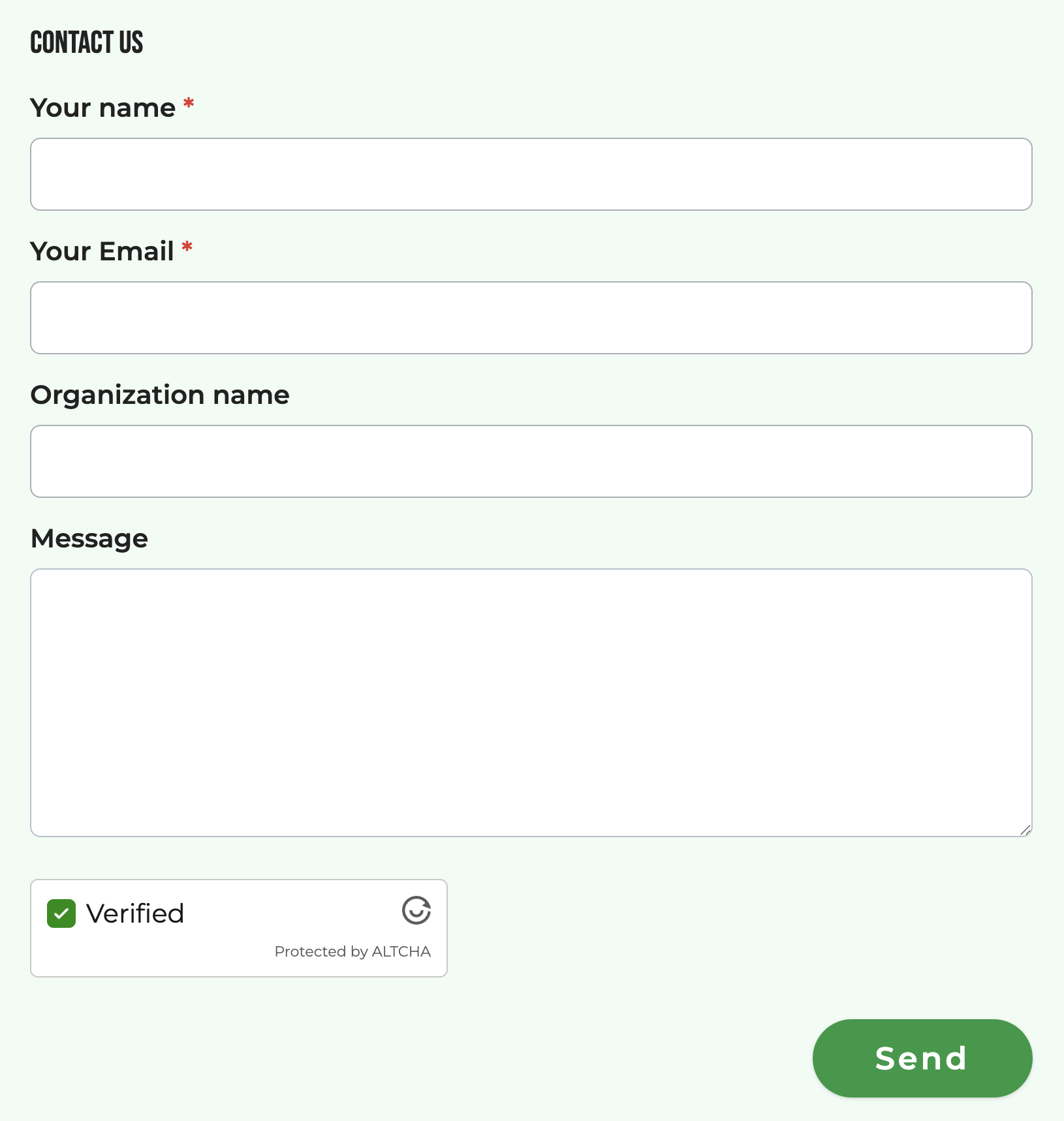 A published contact form on a group's website, with a custom question and spam verification