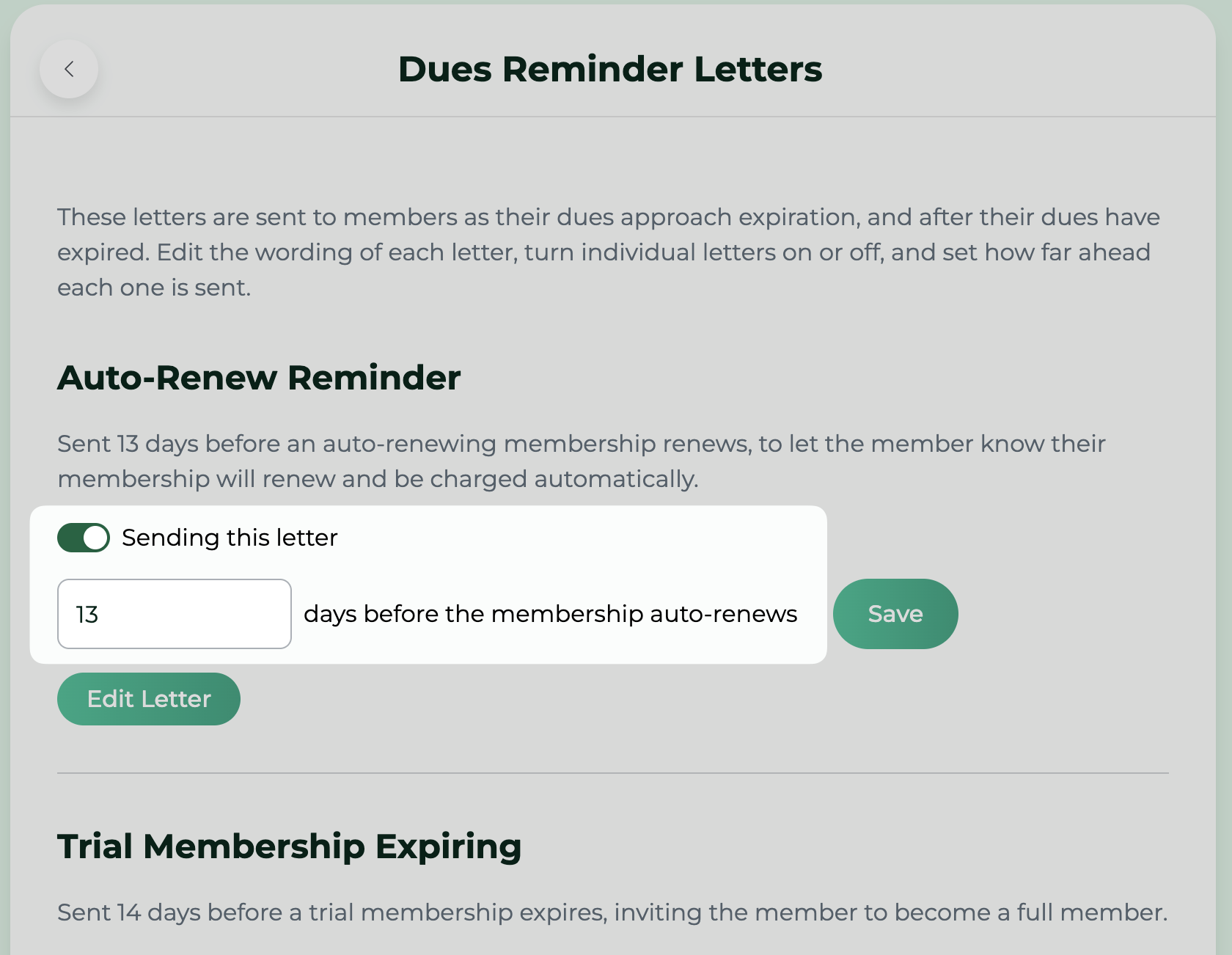 The dues reminder letters screen, listing the six letters with their on/off and timing settings