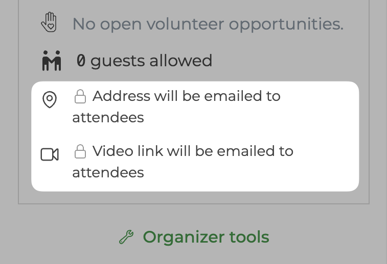 An event page showing that the address and video link will be emailed to attendees